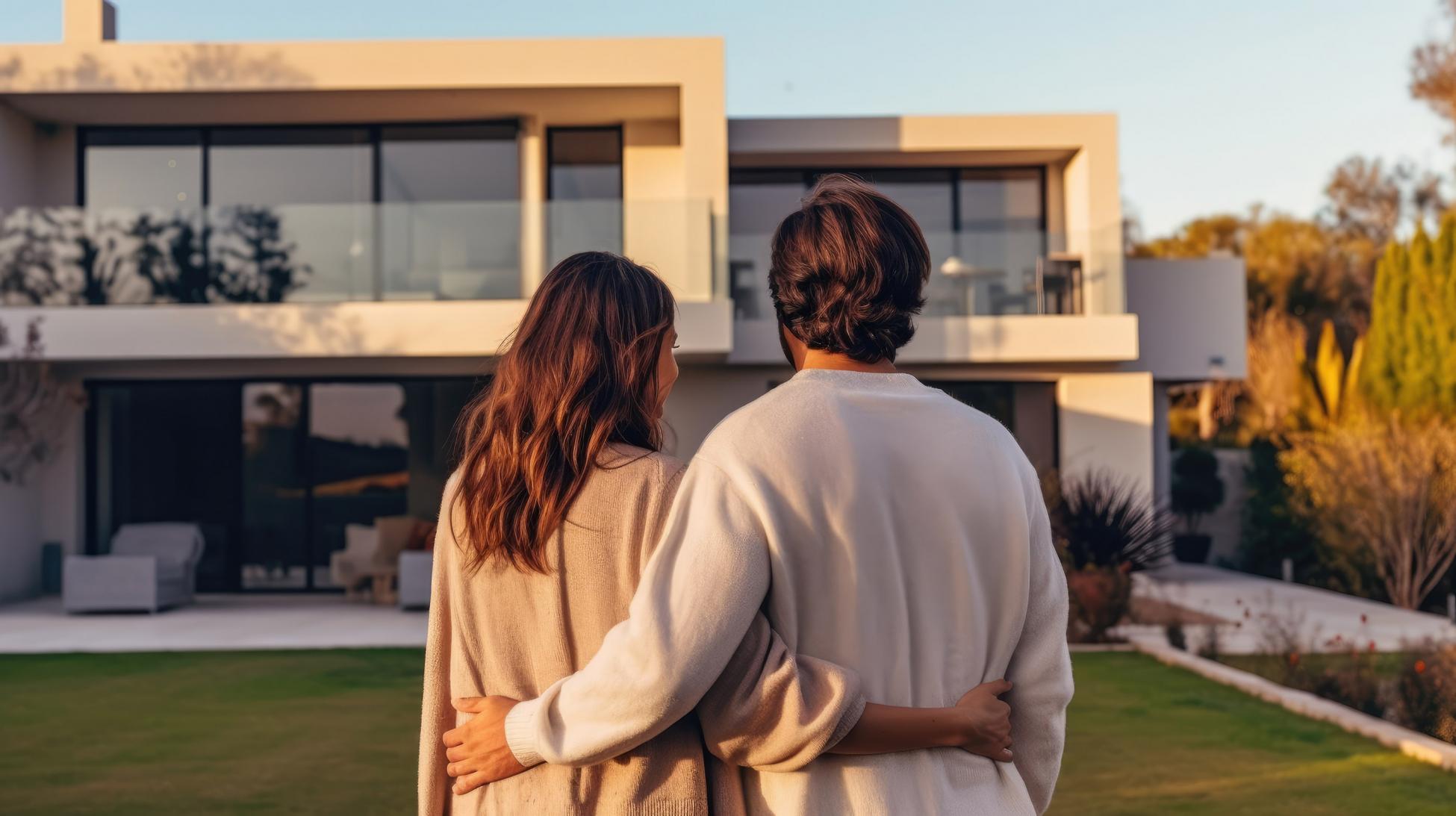 Happy young couple standing in front of new home – Husband and w