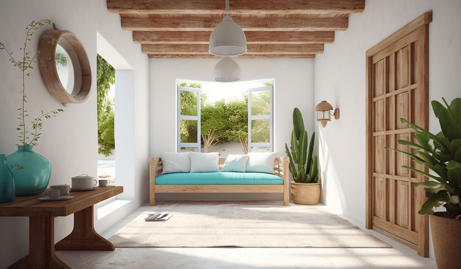 Living room in a tropical resort with white furniture. generative ai. Vacation and travel concept.